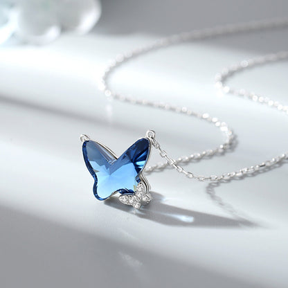 Crystal necklace for women S925 pure silver blue butterfly pendant sweater chain collarbone necklace