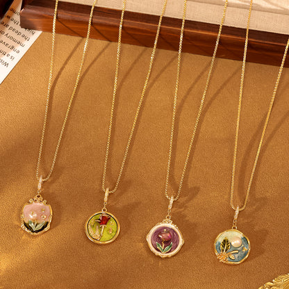 New Monet Garden Natural Pearl Oil Painting Necklace Light Luxury Retro Plated 18K Gold Clothing Chain