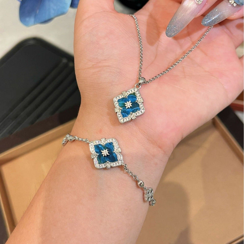 Vintage Italian Buchi Clover Blue Phosphorus Grey Necklace Bracelet Earrings