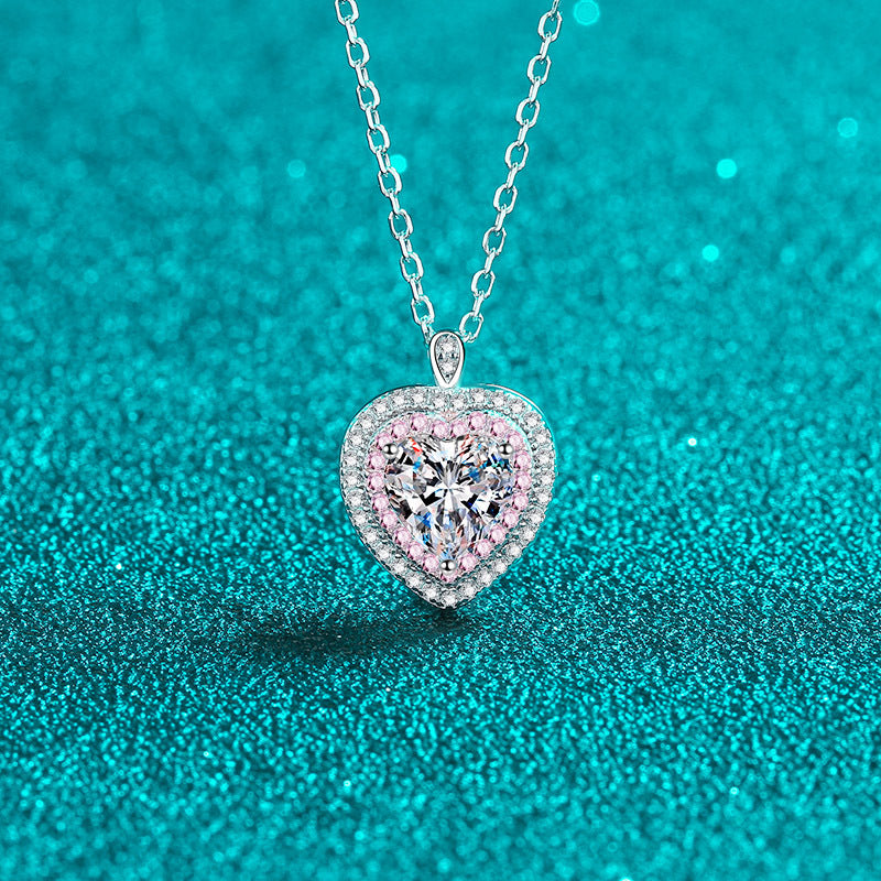 925 sterling silver necklace, heart bag, moissanite pendant plated with Pt950 rose gold collarbone chain
