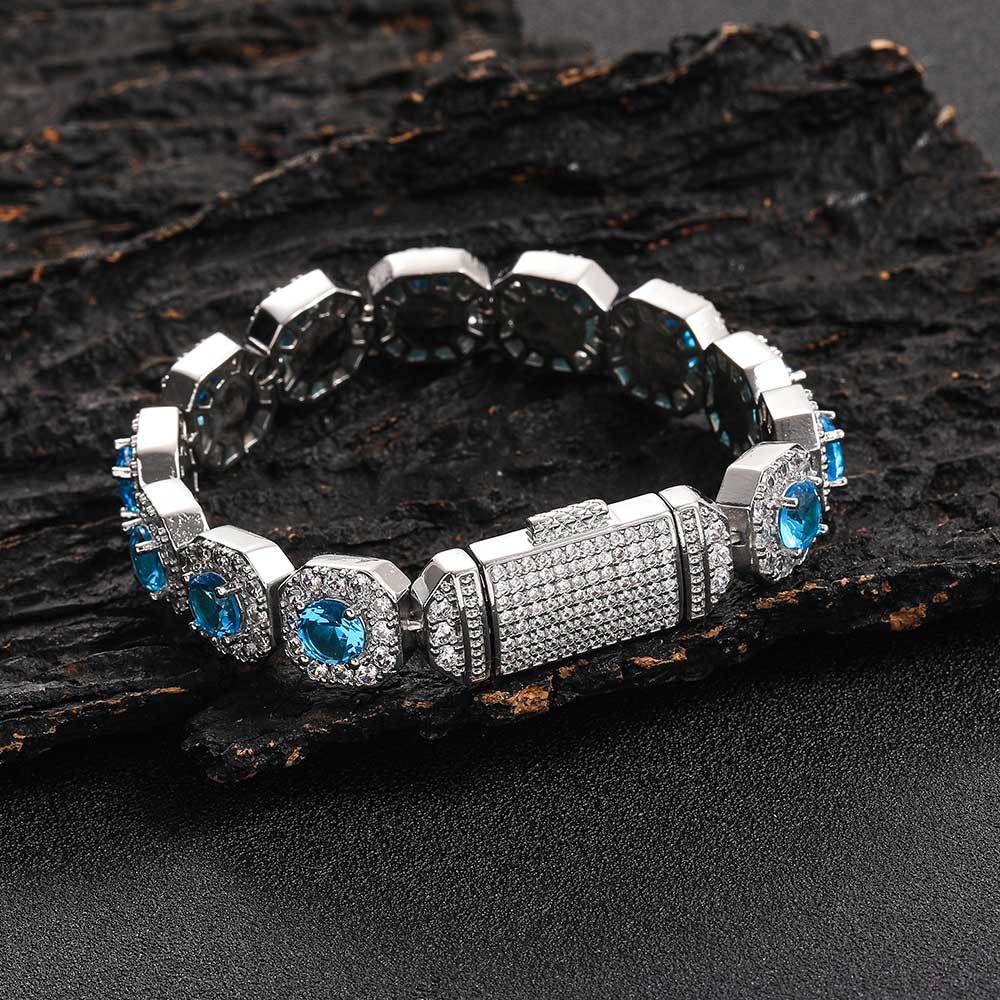 European and American trendy brand colored zircon bracelet 12mm flip button rock sugar chain hip-hop men's bracelet accessory