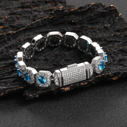 European and American trendy brand colored zircon bracelet 12mm flip button rock sugar chain hip-hop men's bracelet accessory