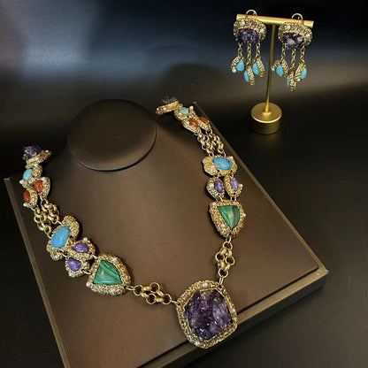 Antique natural stone made necklaces, earrings, amethyst, pine stone tassel earrings