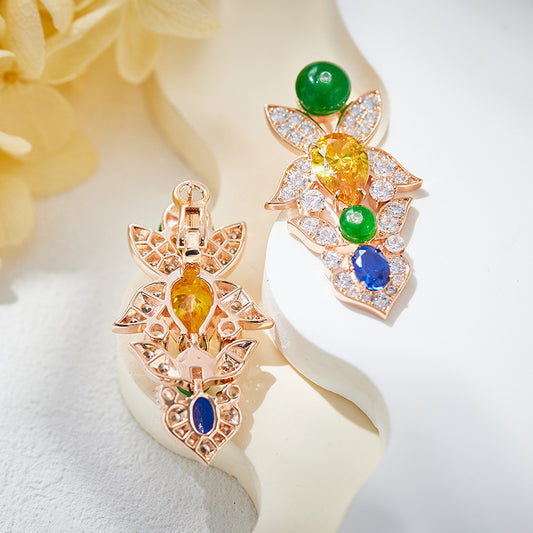 New Secret Garden Earrings Gold Plated with Pear shaped Yellow Diamonds, High Grade Flower Cluster Earrings
