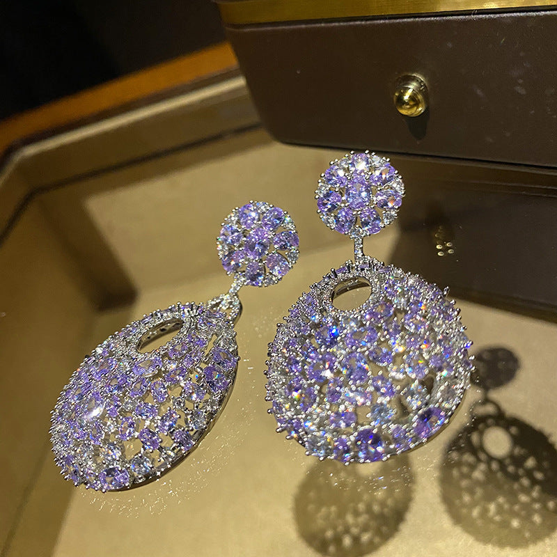 Retro round purple diamond inlaid earrings, fashionable and versatile earrings, silver needle earrings