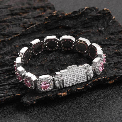 European and American trendy brand colored zircon bracelet 12mm flip button rock sugar chain hip-hop men's bracelet accessory