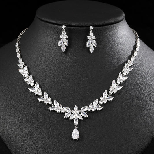 European and American Fashion Zircon Necklace+Earring Set Bridal Dress Banquet Accessories # Women's Holiday Wear