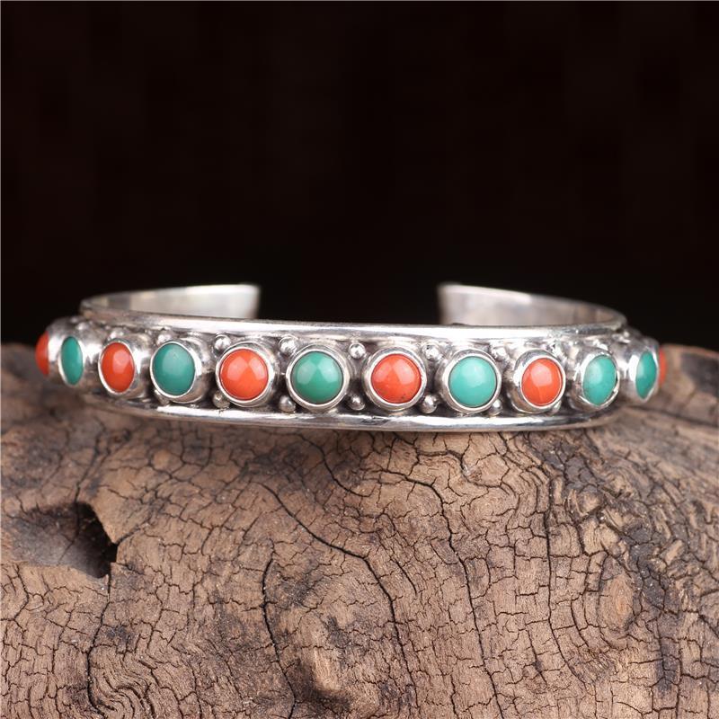 bracelet  Sterling silver inlaid with natural turquoise Nepalese Tibetan jewelry ethnic style