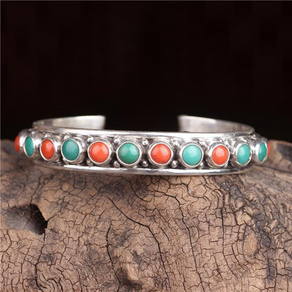 bracelet  Sterling silver inlaid with natural turquoise Nepalese Tibetan jewelry ethnic style
