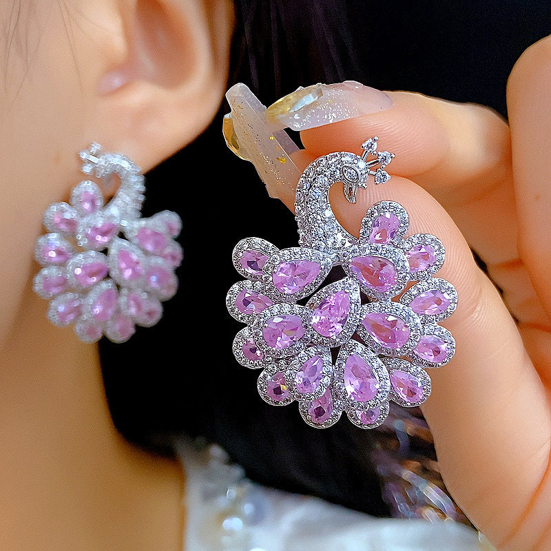 Fashionable and atmospheric heavy industry earrings hot selling micro inlaid zircon peacock earrings fashionable earrings