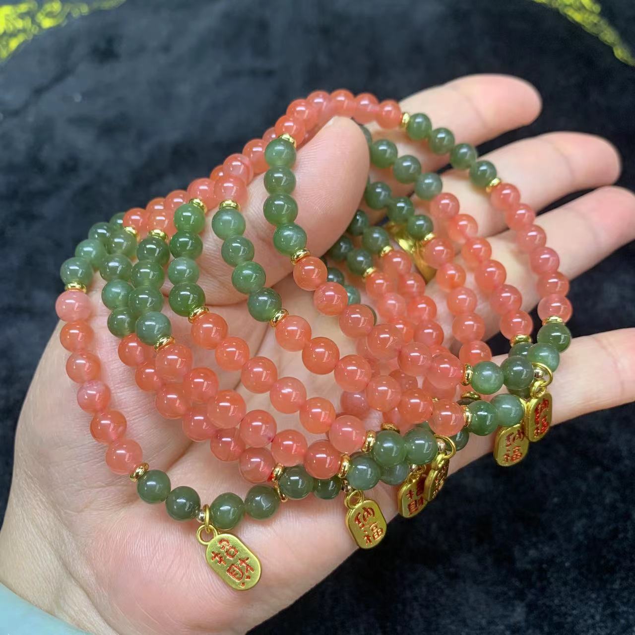 Southern red paired with jade 6mm single circle round bead bracelet for attracting wealth and fortune accessories bracelet