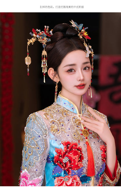 Bridal headwear, Xiuhe clothing, hair accessories, gold red glazed hairpins, fashionable accessories