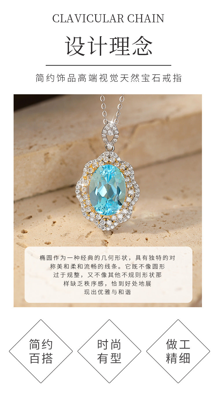 New high-end luxury pure silver s925 egg face necklace for women, set with natural color treasure sky blue topaz collarbone chain