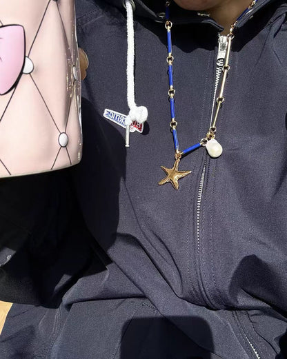 Summer vacation style blue starfish necklace, women's commuting bamboo necklace, simple and versatile, imitation Baroque pearl pendant