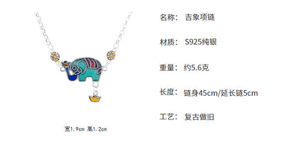 S925 pure silver auspicious elephant necklace with good symbolism of ancient style collarbone chain