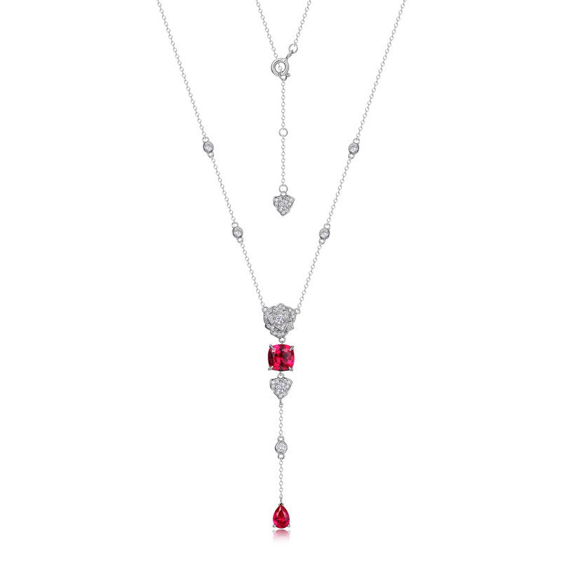 Simulated rose cultivation red treasure long necklace S925 silver inlaid colorful treasure necklace fashionable light luxury