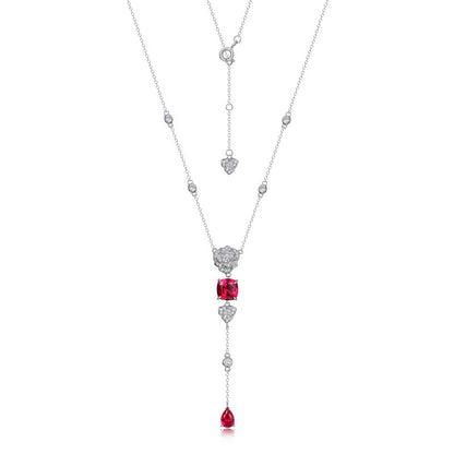 Simulated rose cultivation red treasure long necklace S925 silver inlaid colorful treasure necklace fashionable light luxury