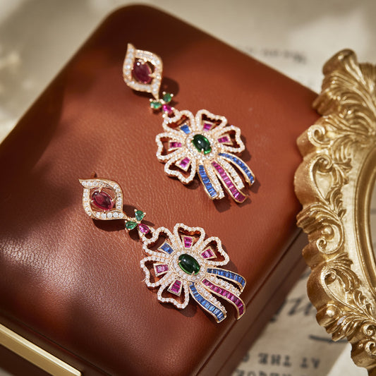 New Colored Ribbon Dress Earrings with Gold Plated Bohemian Pink Texture Earrings