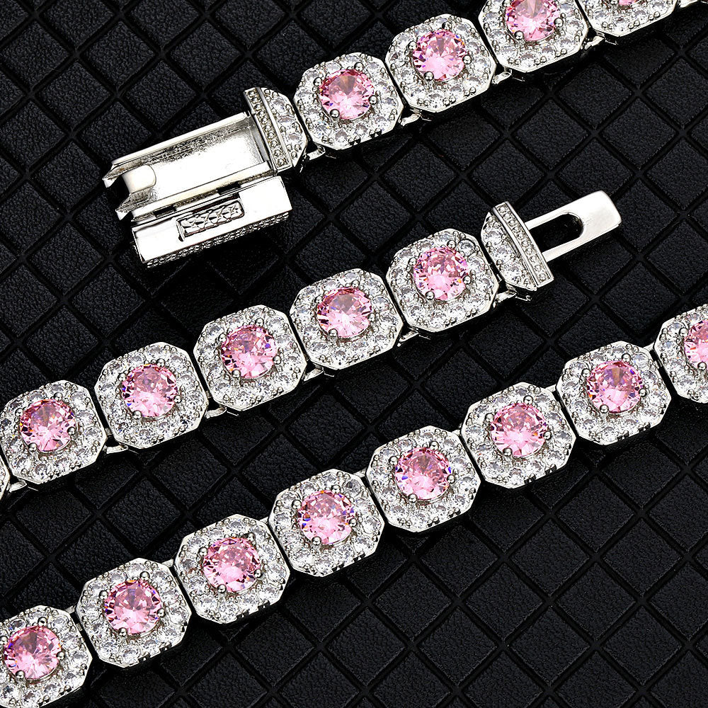 European and American trendy brand colored zircon bracelet 12mm flip button rock sugar chain hip-hop men's bracelet accessory