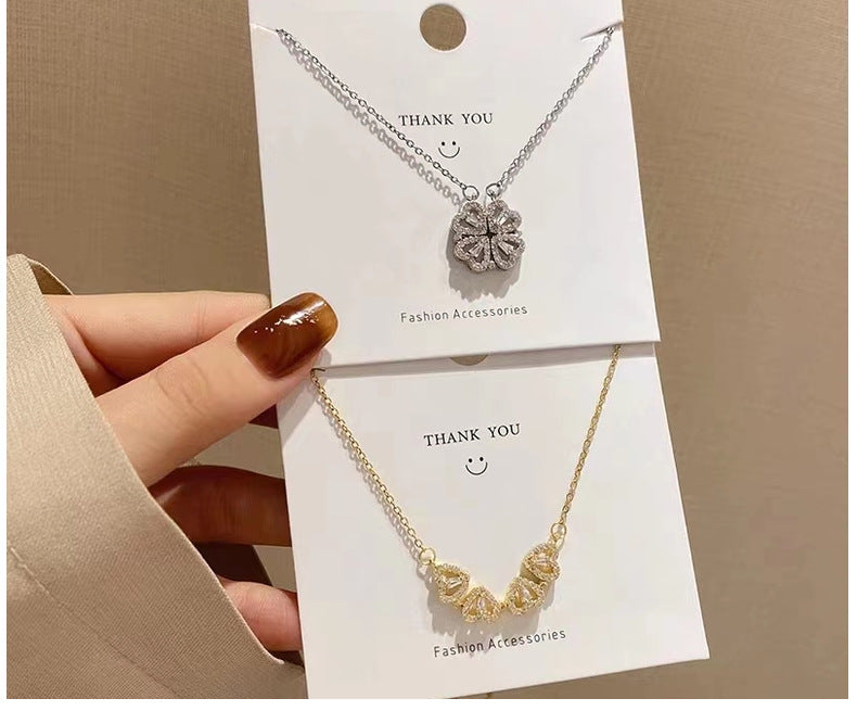 S925 pure silver heart-shaped clover necklace with flowers full of diamonds, light luxury style collarbone chain, a two piece jewelry