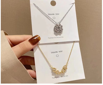 S925 pure silver heart-shaped clover necklace with flowers full of diamonds, light luxury style collarbone chain, a two piece jewelry
