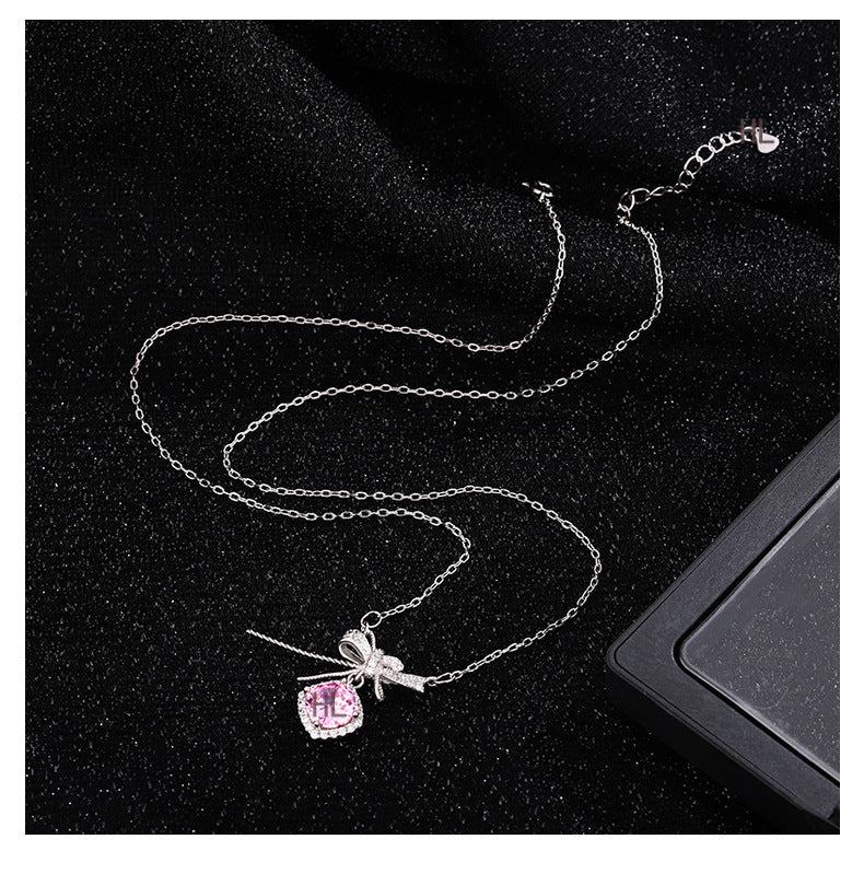 S925 pure silver romantic bow pink zircon necklace exquisite, light luxury, high-end feeling chain