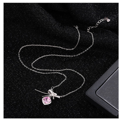 S925 pure silver romantic bow pink zircon necklace exquisite, light luxury, high-end feeling chain