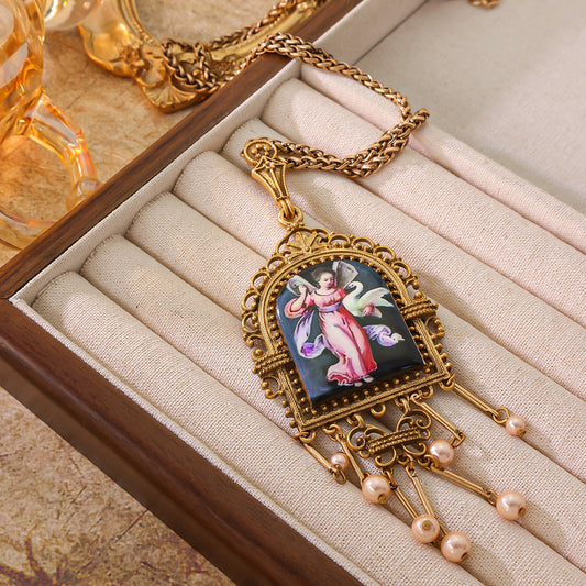 Antique palace style imitation pearl necklace with tassel earrings, replicated ethnic style earrings