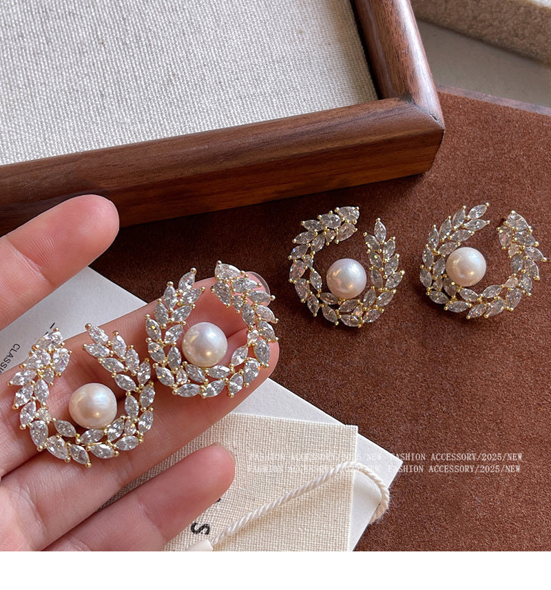 5A grade zircon wheat ear earrings with genuine gold electroplating, female S925 pure silver needle, Shijia pearl earrings, ear accessories