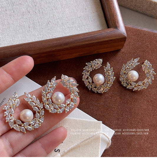 5A grade zircon wheat ear earrings with genuine gold electroplating, female S925 pure silver needle, Shijia pearl earrings, ear accessories