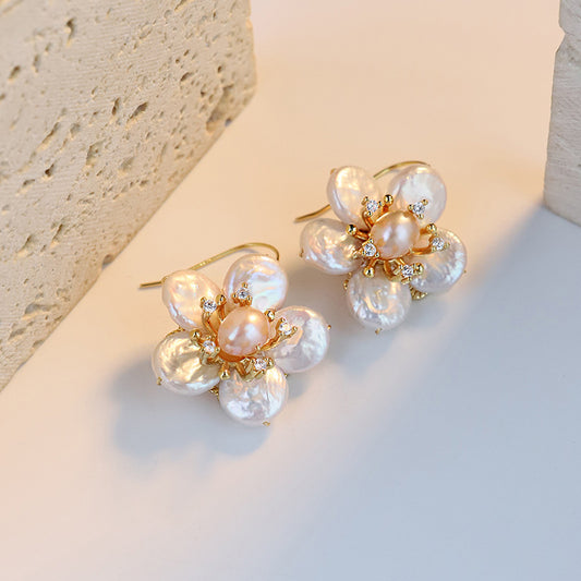 Natural Baroque Pearl Earrings, Simple Style Earrings S925 Silver Needle Flower Earrings