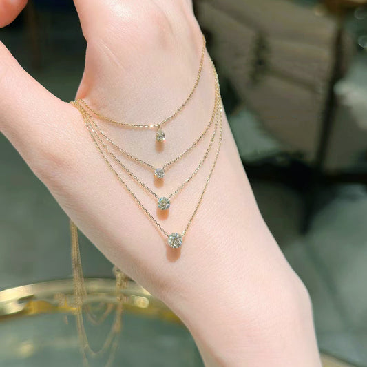 Agete simple round claw free diamond necklace 925 sterling silver gold-plated 10/20/30 layered collarbone chain