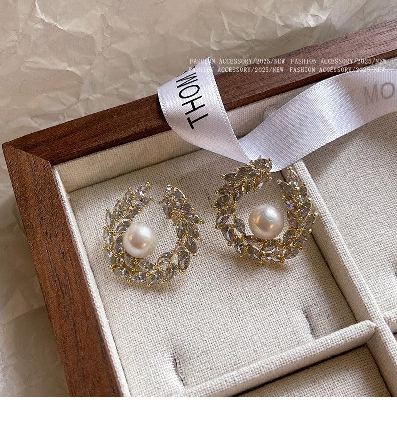 5A grade zircon wheat ear earrings with genuine gold electroplating, female S925 pure silver needle, Shijia pearl earrings, ear accessories