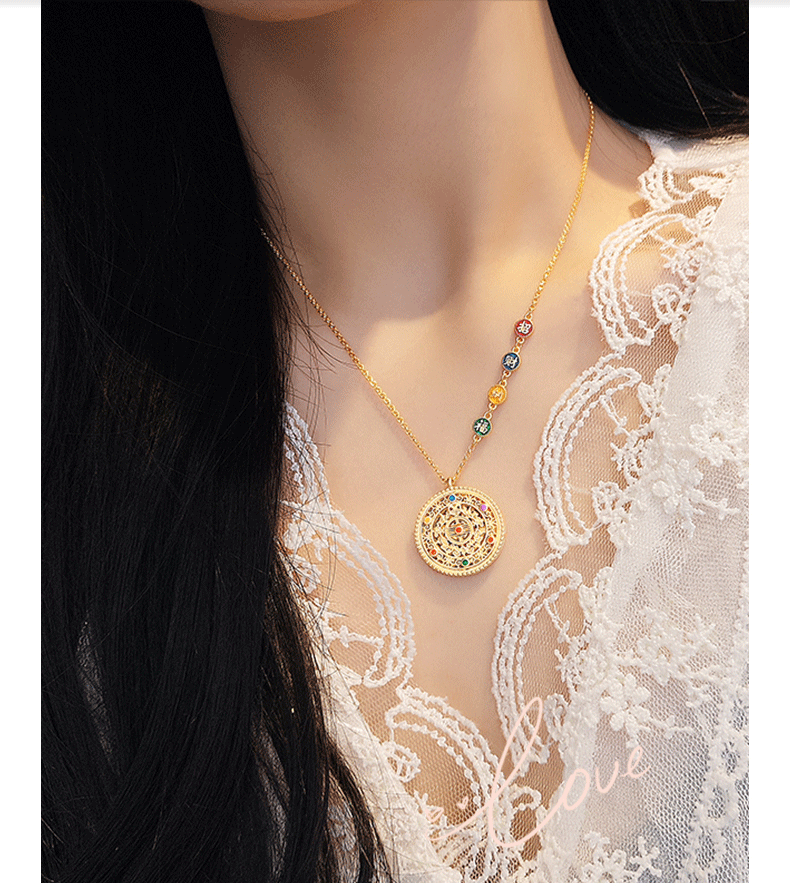 S925 pure silver eight treasure compass pendant, medieval gold flower silk, auspicious enamel, perfect and auspicious eight treasure necklace