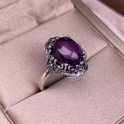 Ring amethyst ring S925 silver inlaid retro making old Nepalese lace women's ring rings