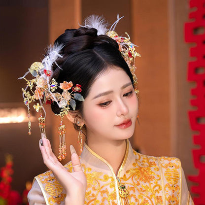 New Chinese style Xiuhe headwear, simple gold hairpin necklace set, hair accessories, fashionable accessories