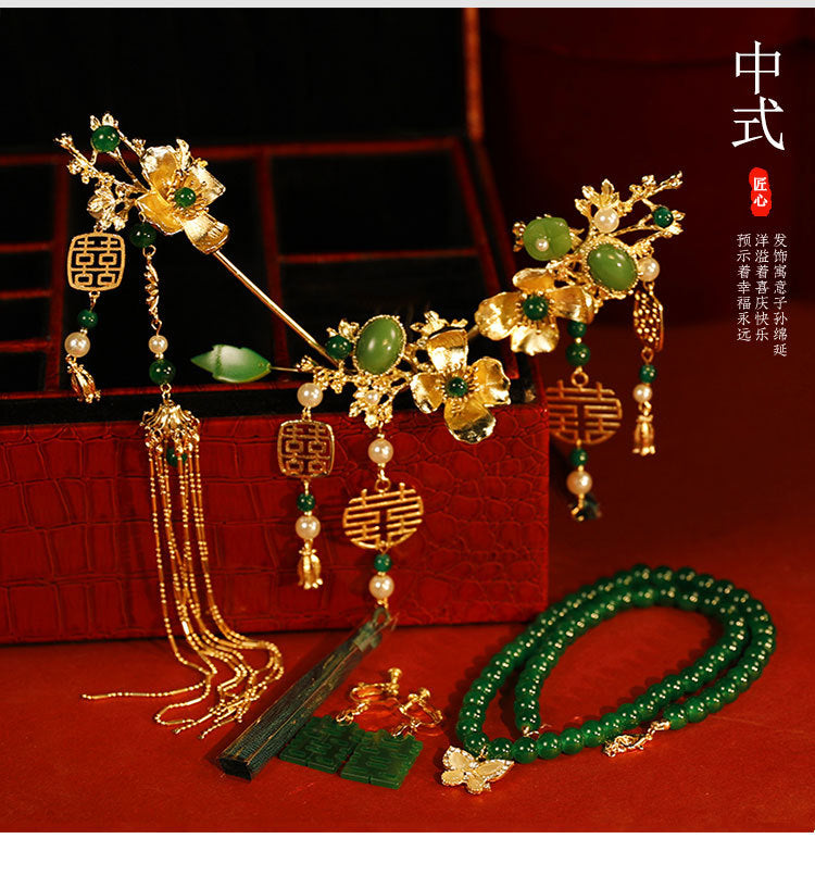 New Chinese style headwear, green bamboo hairpin, phoenix hairpin necklace, earrings, paired hairpin, swaying step by step