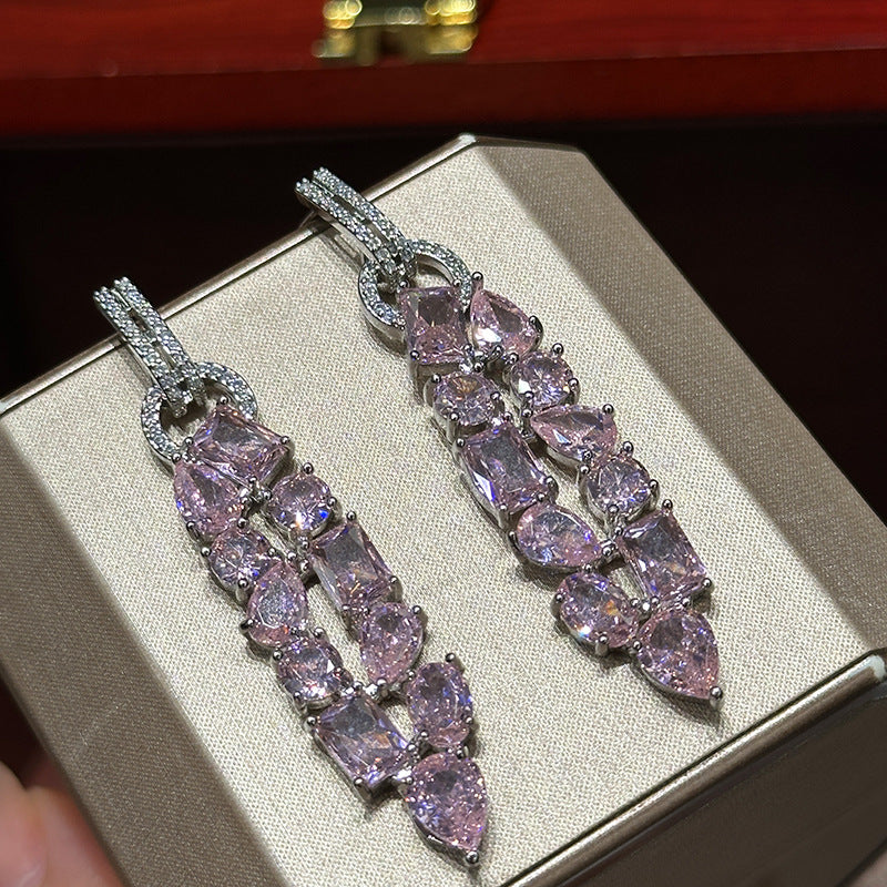 Pink square diamond water drop diamond zircon buckle earrings