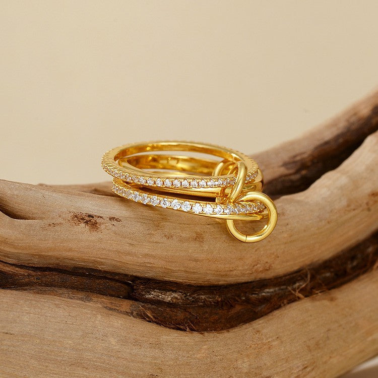 Fashion jewelry S925 pure silver four ring interlocking diamond ring with personalized design sense ring