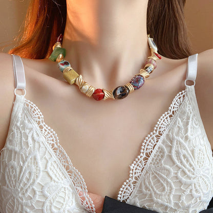 Ethnic style ceramic flower necklace, vintage collarbone chain
