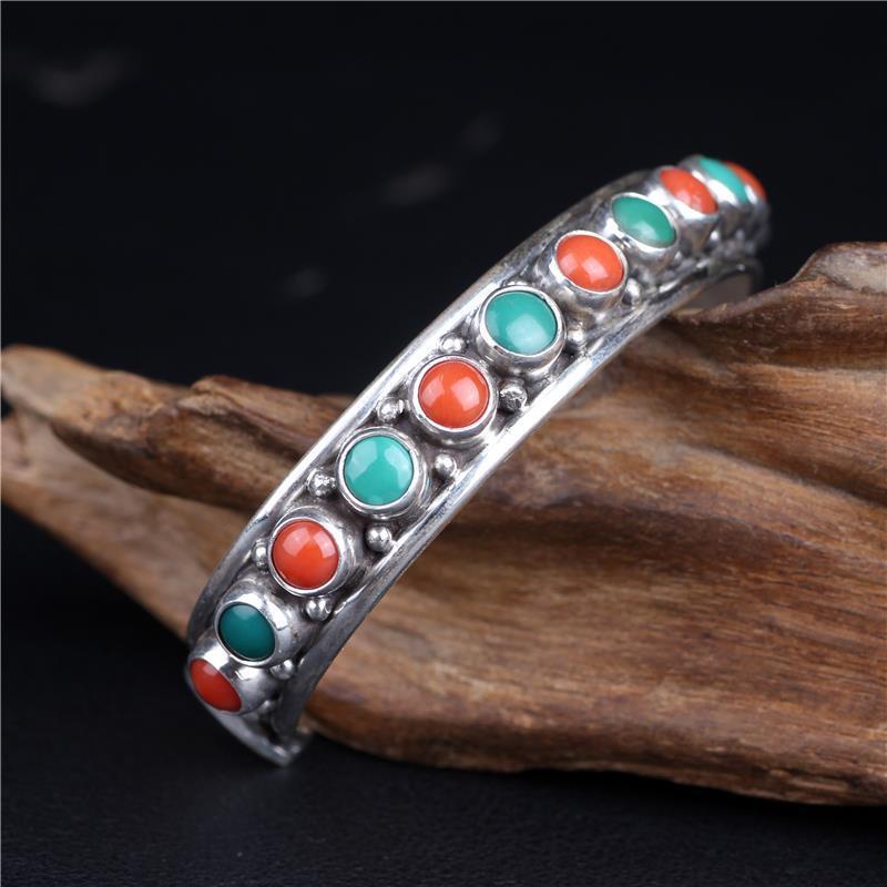 bracelet  Sterling silver inlaid with natural turquoise Nepalese Tibetan jewelry ethnic style