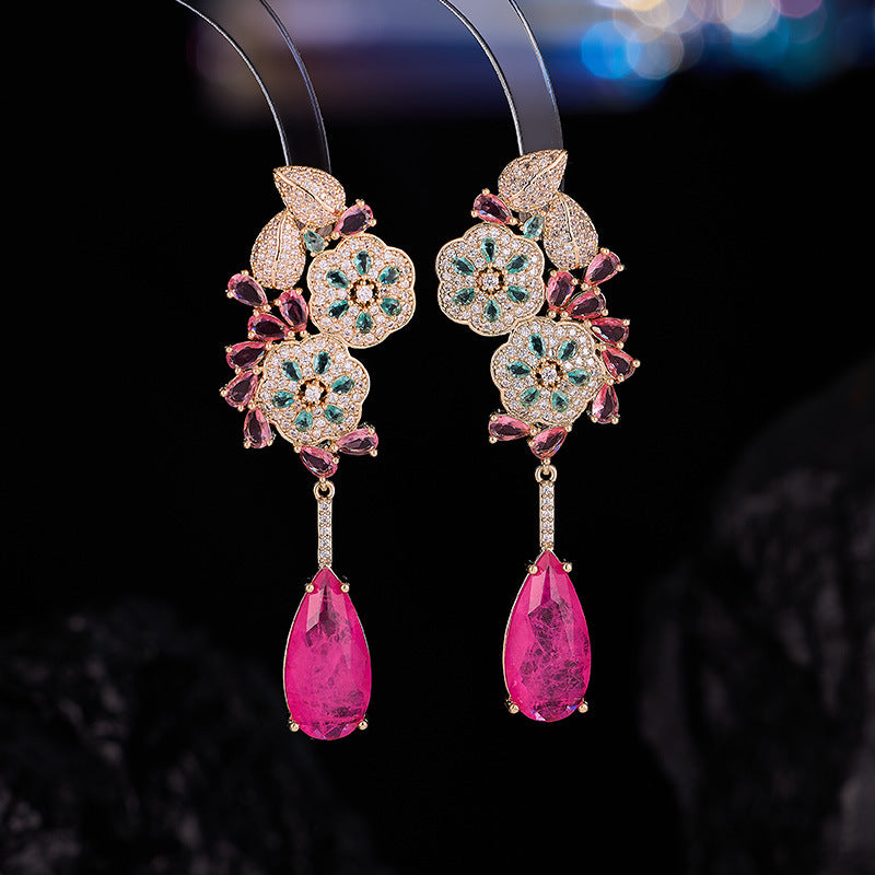 New Palace style Micro inlaid Colorful Treasure Flower Earrings s925 Silver Needle Earrings