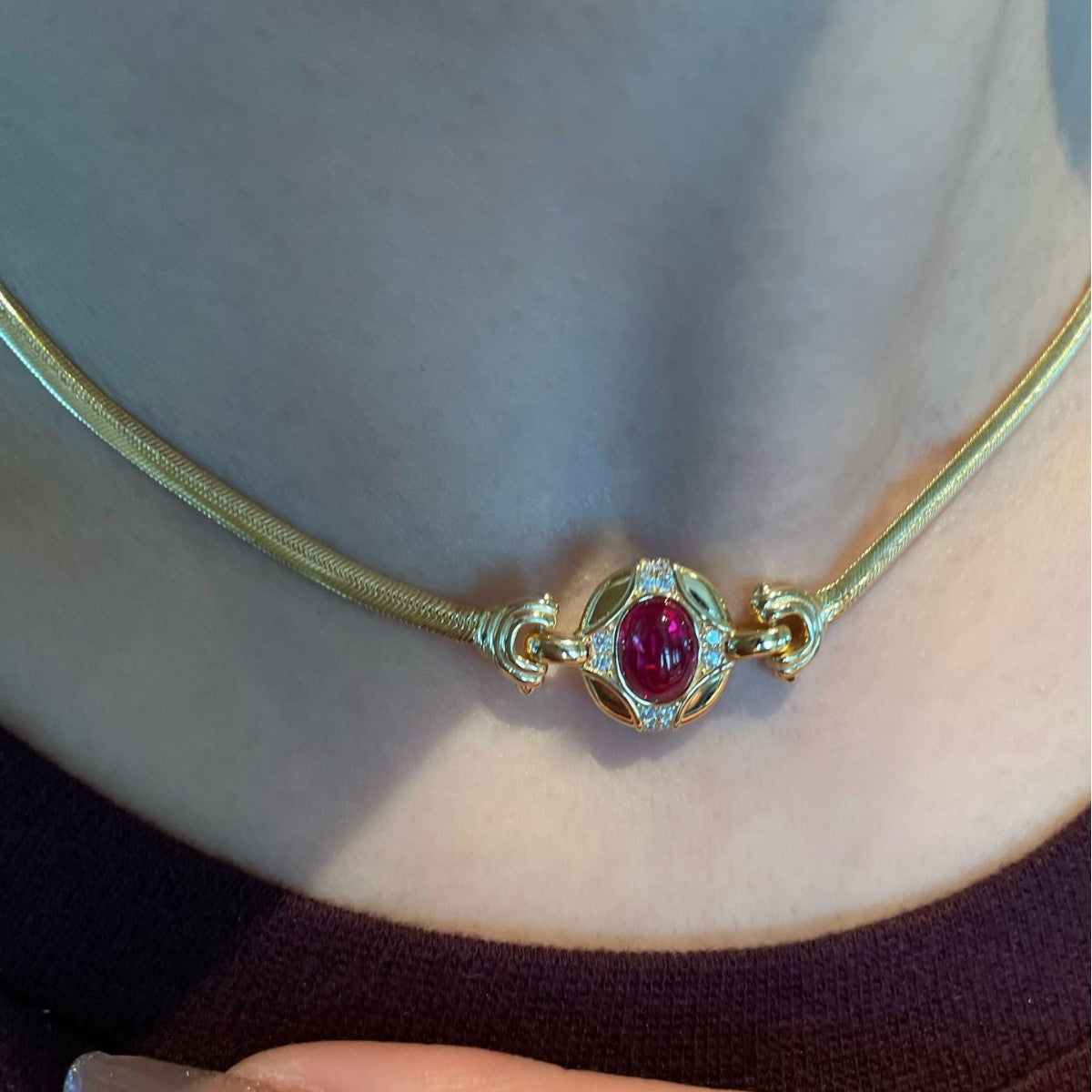 Retro cultivated plain egg shaped ruby collarbone necklace S925 silver snake bone chain versatile necklace