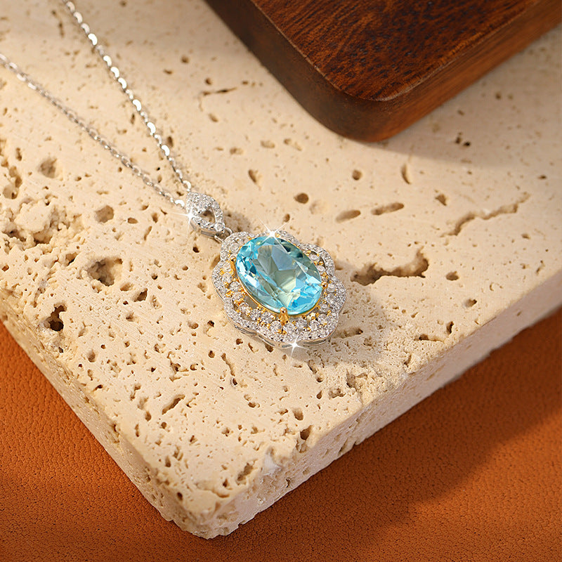 New high-end luxury pure silver s925 egg face necklace for women, set with natural color treasure sky blue topaz collarbone chain