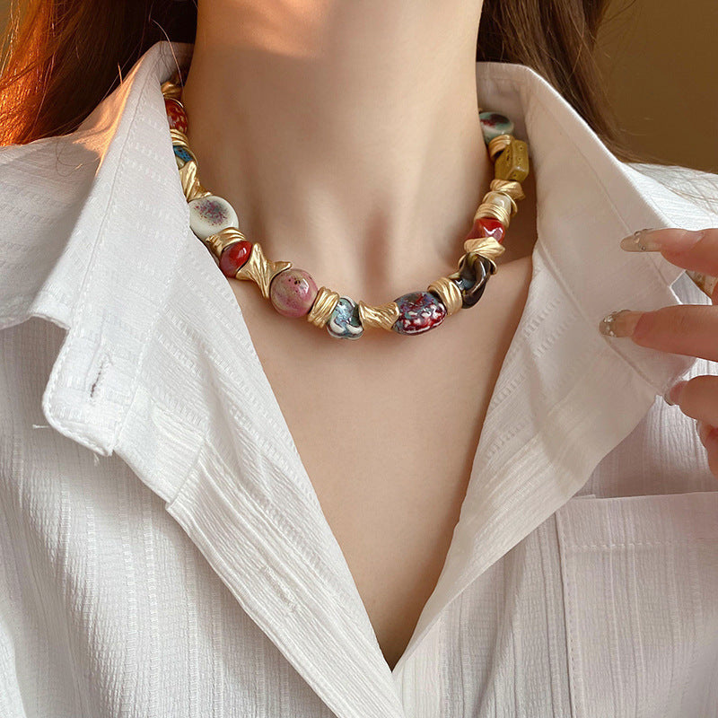 Ethnic style ceramic flower necklace, vintage collarbone chain