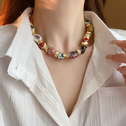 Ethnic style ceramic flower necklace, vintage collarbone chain