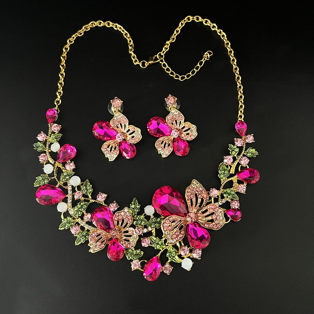 Popular European and American flower necklaces, earring sets, new colorful crystal gemstone evening dress accessories