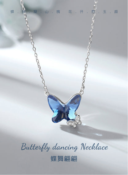 Crystal necklace for women S925 pure silver blue butterfly pendant sweater chain collarbone necklace