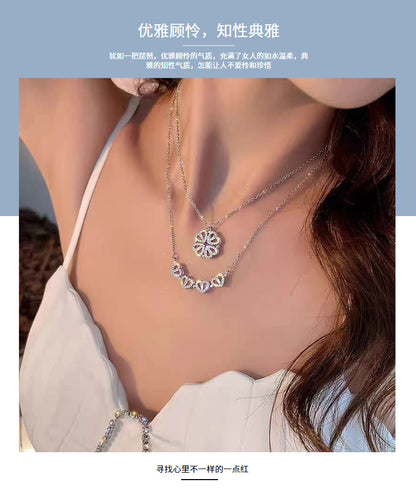 S925 pure silver heart-shaped clover necklace with flowers full of diamonds, light luxury style collarbone chain, a two piece jewelry