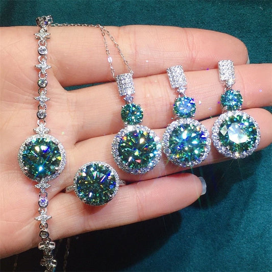 European and American luxury green moissanite four piece set ring+pendant+earring+bracelet=set of classic and fashionable accessories